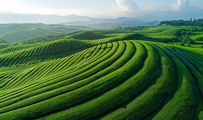 Aerial view of a tea plantation, with textures of lines and circles on the ground, from a top down perspective, on a green background, with sunlight, in a style of high definition photography, at a hi