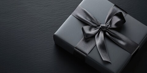Leinwandbilder - Large gift, grey box with an elegant bow on a dark background with copy space.