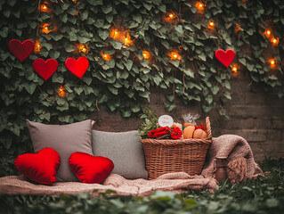 A charming outdoor picnic with a cosy plaid and soft cushions is perfect for Valentine's Day. Red hearts, glowing garland and a basket of treats will create a romantic atmosphere for couples to enjoy