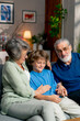 © Guys Who Shoot - a bright living room with sofa grandfather and grandmother sitting with grandson on sofa hugging looking at camera happy family