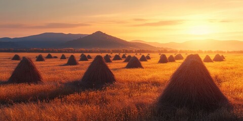 Poster - A field of dry yellow grass and haystacks at sunset. Autumn scenery.