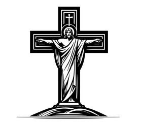 serene depiction of the crucifix with Jesus Christ, highlighting spiritual significance and devotion black vector