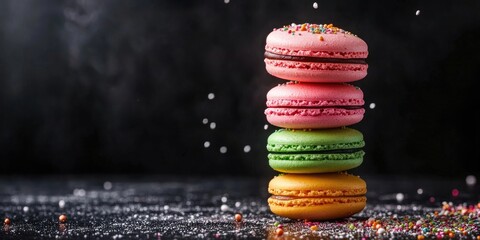 Poster - Macaron or macaroon cake, vibrant cookies (dark background). copy space