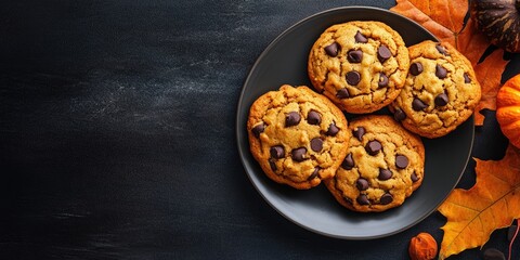 Poster - Chocolate chip pumpkin cookies, copy space, top view