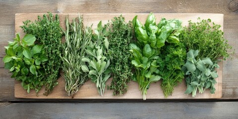 Poster - a collection of freshly picked garden herbs on a wooden board viewed from above