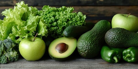 Canvas Print - Close-up of green vegetables and fruits - apples, avocado, lettuce, bell pepper, set against a rustic wooden background. Healthy food concept.