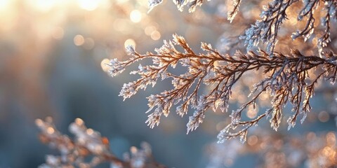 Poster - Frost-covered branches of Metasequoia, dressed in shimmering brown, embody the beauty of winter's icy grip.