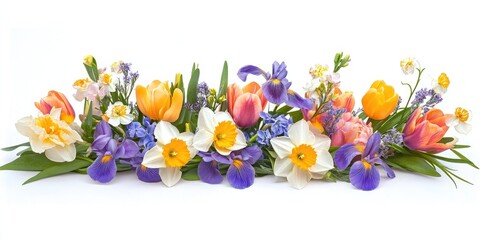 Aufkleber - Spring bouquet of tulips, iris, daffodils, and agapanthus, set against a white background.