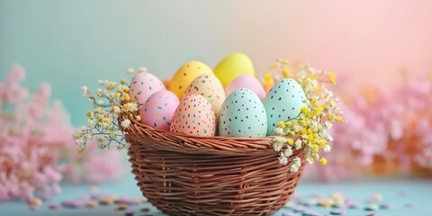 Aufkleber - Multicolored Easter eggs in a woven basket on a colorful background. Pastel-colored Easter eggs. Holiday theme with copy space.