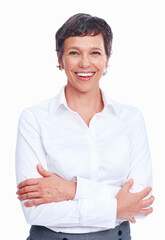 Wall Mural - Portrait, arms crossed and laughing business woman with expert experience, pride or career. Face, smile and confident boss or mature actuary for risk management on white studio background in France