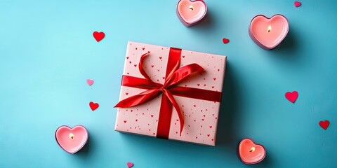 Poster - A beautifully wrapped pink gift box adorned with a red ribbon and pink heart-shaped candles set against a blue background. This reflects the idea of Valentine's Day gifts. The top view. Copy space.