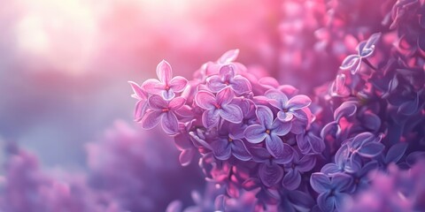 Poster - Spring landscape featuring a cluster of violet flowers. Close-up of a blooming Syringa lilac bush. Background of lilac plants in bloom. Soft focus image. Copy space.