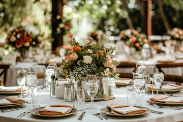 close up of wedding reception table setting with flower arrangements