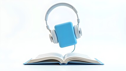 Wall Mural - Advertising - product photo of the blue book is open and white headphones are flying on it on a white background