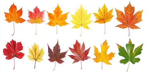 Poster - A collection of autumn leaves set against a white background. Vibrant maple leaves. Foliage.