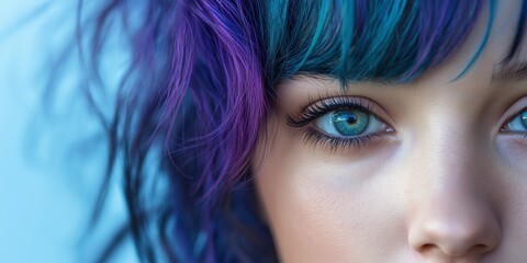 A woman with purple hair and blue eyes. The hair is styled in a way that it looks like it is made of small strands of glitter