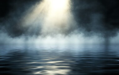 Aufkleber - A serene scene featuring calm water reflecting light beams and surrounded by mist, creating a tranquil and atmospheric mood.