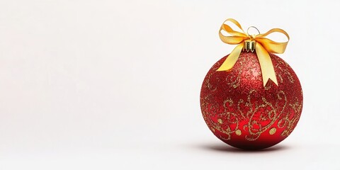 Poster - Luxury red and gold Christmas tree bauble decoration featuring a bow and ribbon on a white background with copy space.