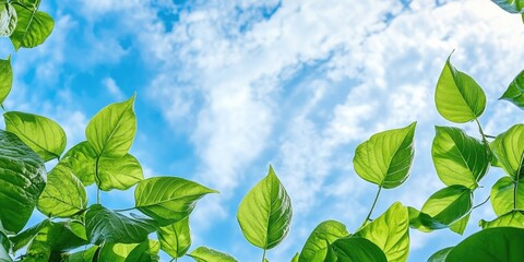 Poster - group of green leaves and sky, clouds and blue sky, garden green leaves, green leaves produce oxygen