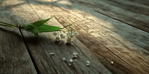 Aufkleber - One lily of the valley flower on the weathered brown wooden floor.