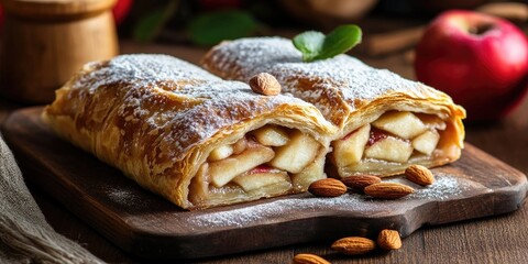 Poster - Tasty strudel with apples, nuts, and powdered sugar on the table, close-up. Room for text.