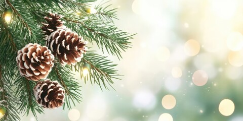 Aufkleber - Christmas festive backdrop featuring copyspace. Cones on a fir tree branch. New Year poster for design purposes.