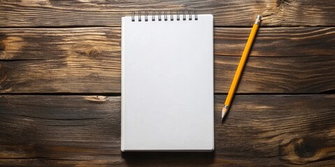Fototapete - blank white cover notebook top view with pencil on brown wooden desk background