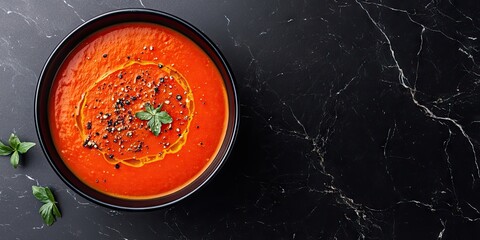 Aufkleber - Bowl of roasted tomato and red bell pepper soup, viewed from above on a black marble background, horizontal shot with space.