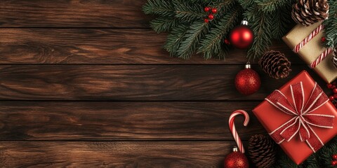 Aufkleber - Fir tree branches and cones, a stack of gift boxes, red baubles, and a candy cane. Concept of a Christmas background. Copy space, wooden boards, eco-friendly packaging, and presents.