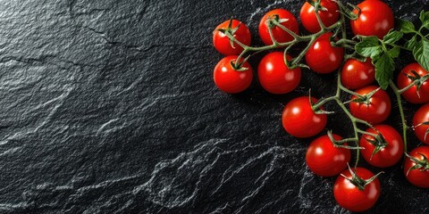 Poster - Fresh red cherry tomatoes on a vine. Vegetables. Set against a black stone background. Top view.