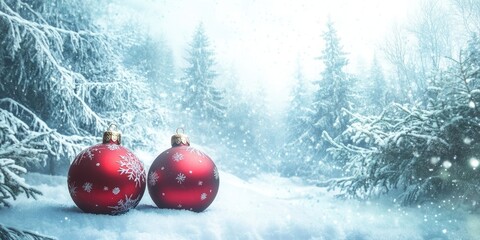 Aufkleber - Beautiful Christmas ornaments amidst a snowy forest, banner design. Area for text