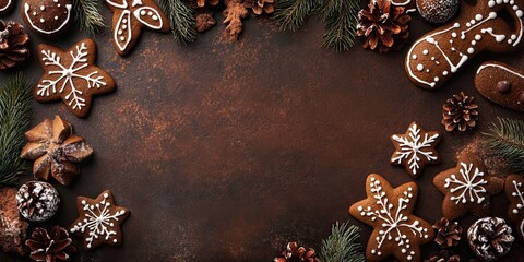 Fototapete - Christmas backdrop featuring gingerbread cookies. Copy space, top view.