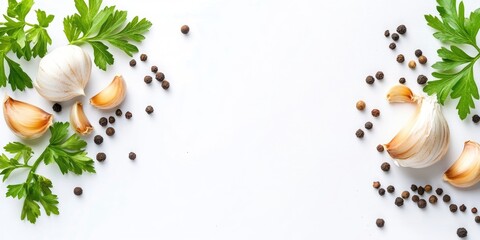 Poster - Garlic accompanied by peppercorns and parsley, isolated on a white background with copy space for your text. Top view. Flat lay.