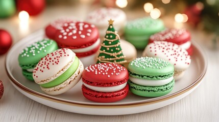 Christmas Themed Macarons on a Festive Plate