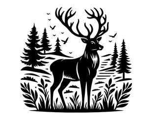 deer illustration in clean line art style, black vector 