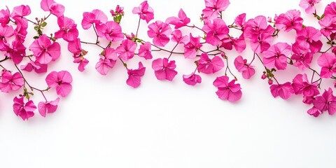 Leinwandbilder - Bougainvillea pink flowers set against a white background, creating a border design. A lovely spring nature backdrop featuring vibrant fresh Mediterranean Bougainvillea with copy space. Top view.