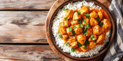 Aufkleber - Tasty chicken curry with rice on a wooden table, viewed from above. Copyspace available.
