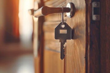 A close up of a door with a key inserted in the keyhole