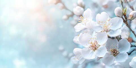 Poster - Close-up of almond blossoms in early spring with a soft blue background that is blurred. Copy space.