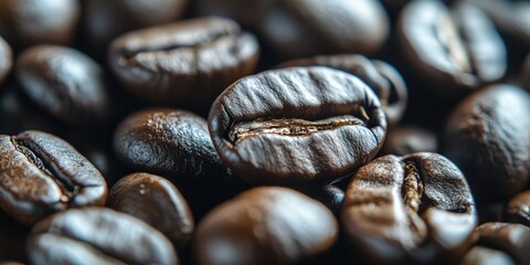 Wall Mural - Macro close-up background image of roasted coffee beans in contrasting tones.