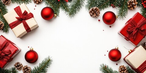 Aufkleber - Christmas arrangement. Gifts, fir tree branches, red ornaments on a white background. Christmas, winter, New Year theme. Flat lay, top view, copyspace.