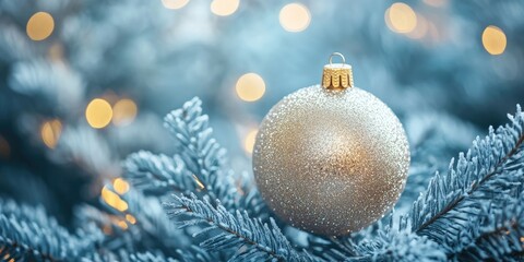 Aufkleber - White Christmas decoration featuring a golden ball on fir branches with a blurred background.