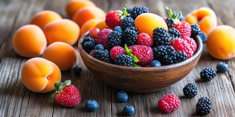 Poster - Ripe seasonal berries spread around a bowl with fresh apricots on a wooden table.