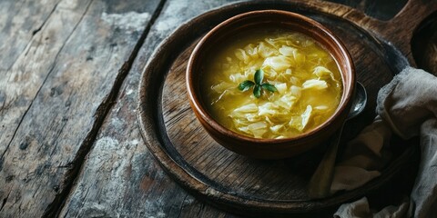 Aufkleber - Braised cabbage soup in a bowl placed on a wooden plate on the floor. Copy space for text.