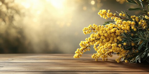 Aufkleber - Yellow French mimosa with catkins on a wooden table featuring copy space.