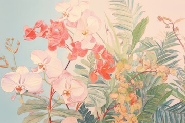 Wall Mural - Botanical flower painting pattern.