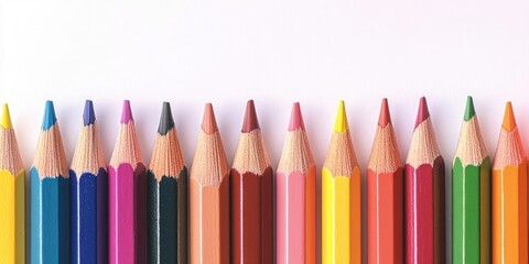 Wall Mural - colored pencils on white with copy space, vibrant kids' school artist theme.
