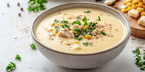 Aufkleber - Thick vegan cream soup. Homemade golden yellow cream soup featuring herbs and croutons. Cheese, chicken, bean, and corn cream soup served in a bowl on a white kitchen table with copy space.