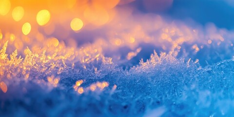 Poster - Close-up of blue snow and frost featuring a yellow and orange gradient.