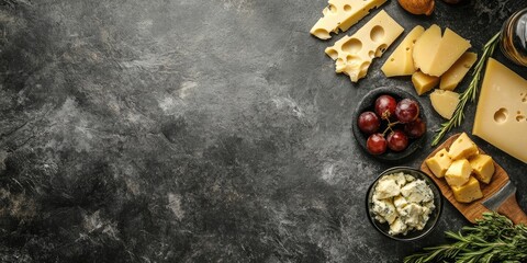 Aufkleber - Cheese variety for snacking. Top view. Ample copy space.